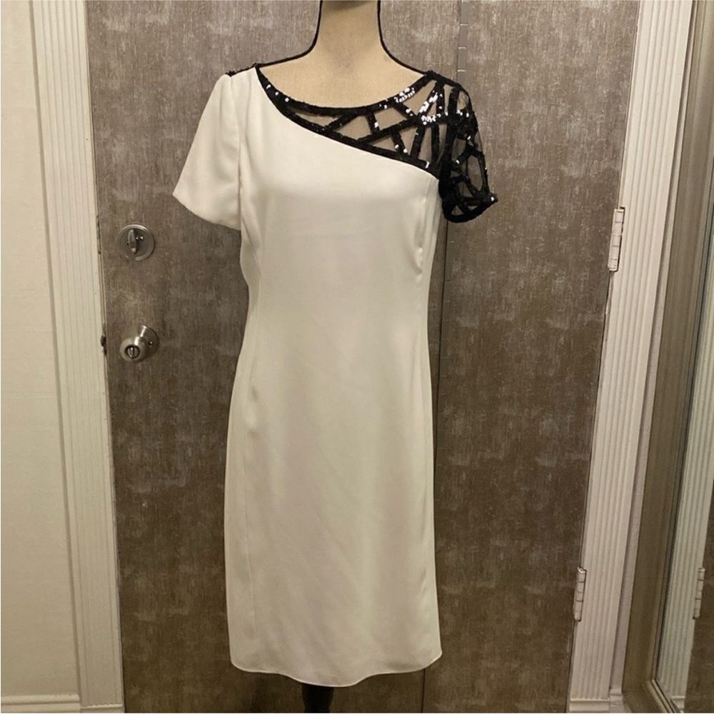 Angel Sanchez One-Shoulder White Dress with Black Sequin Detail, US12